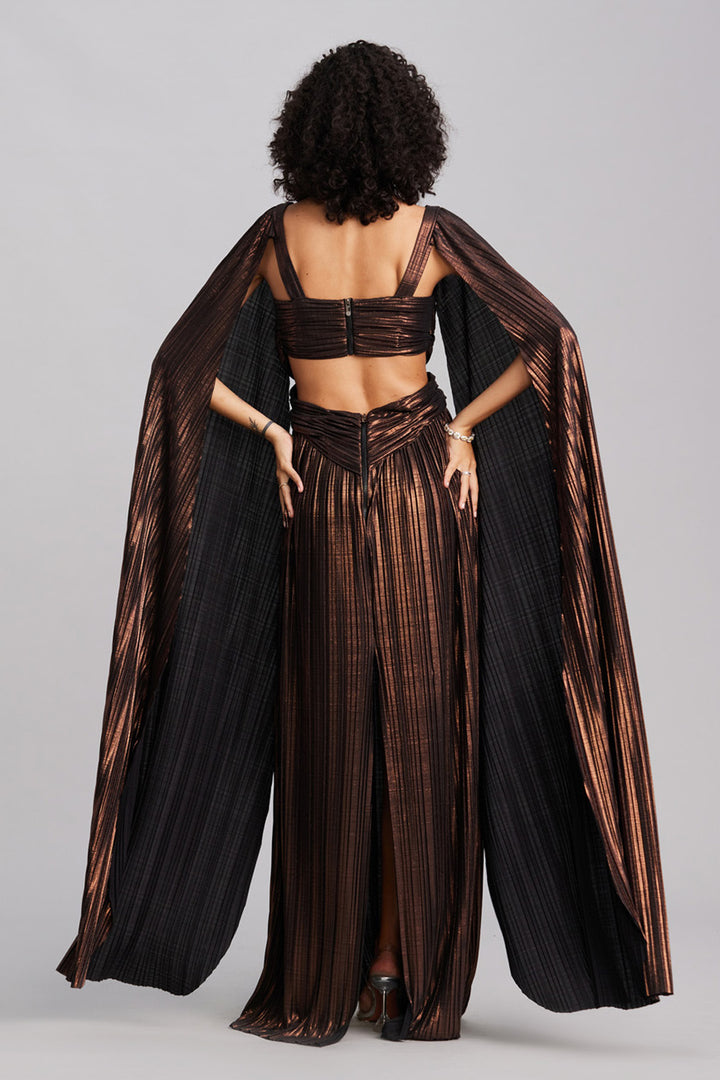 Bronze Metallic Cape Maxi Dress