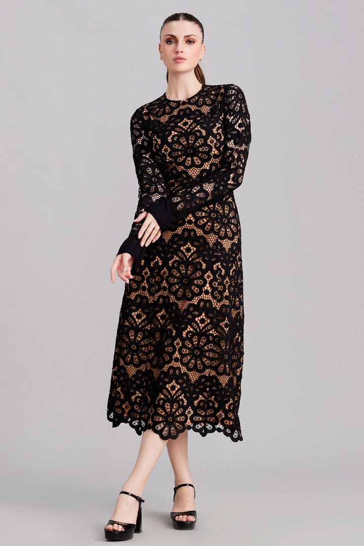 Noir & Beige Lace Midi Dress