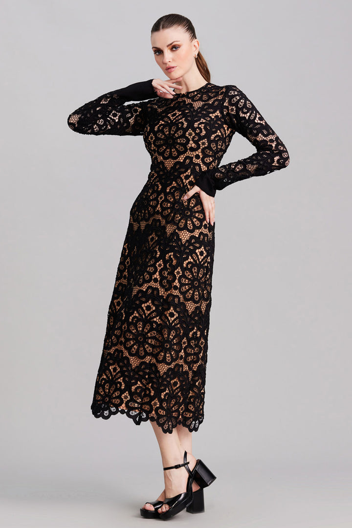 Noir & Beige Lace Midi Dress