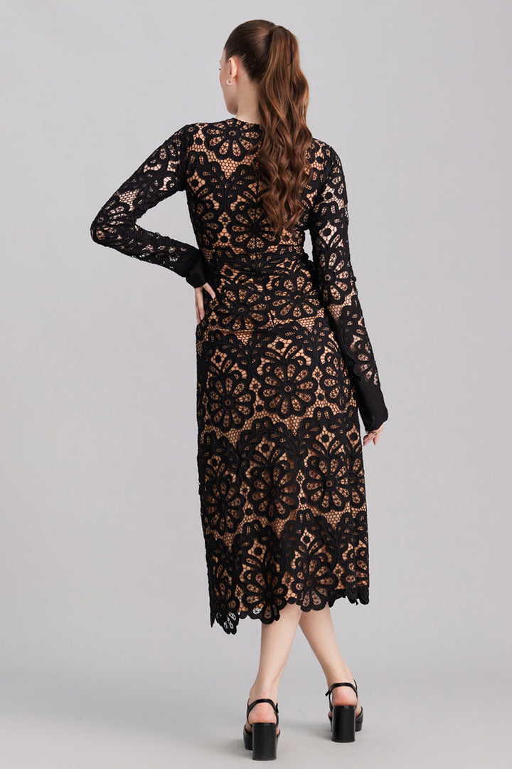 Noir & Beige Lace Midi Dress