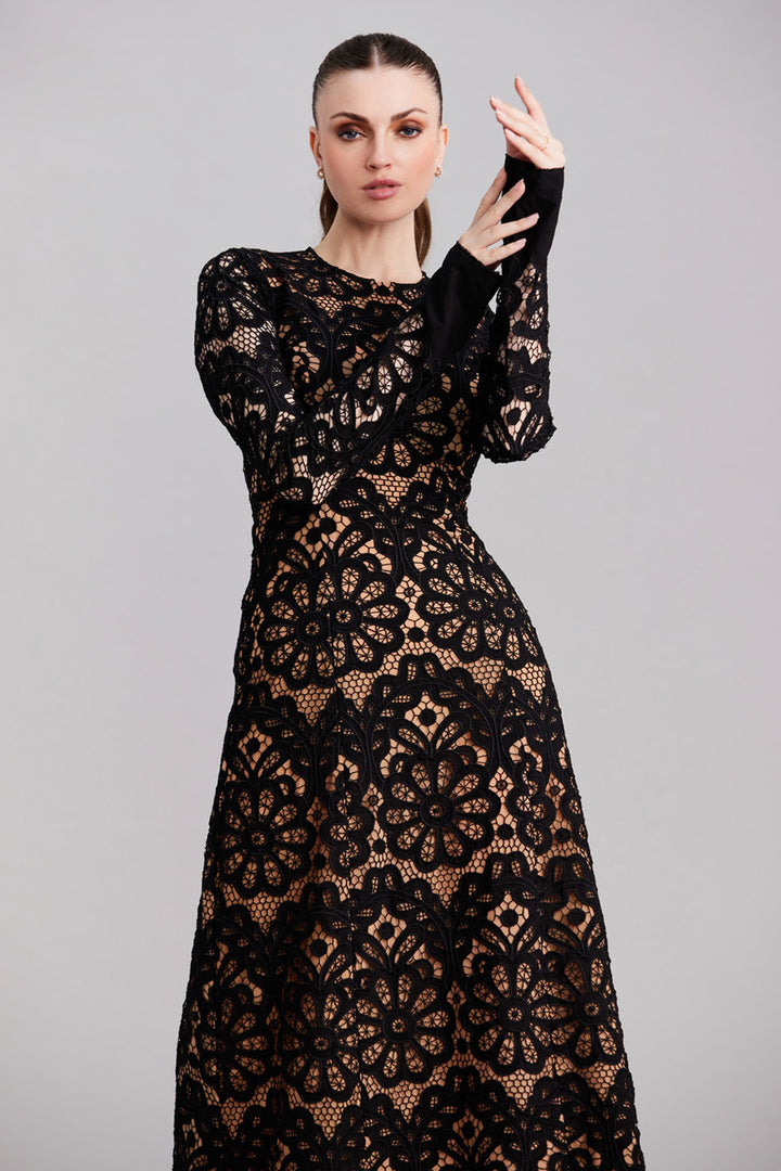 Noir & Beige Lace Midi Dress