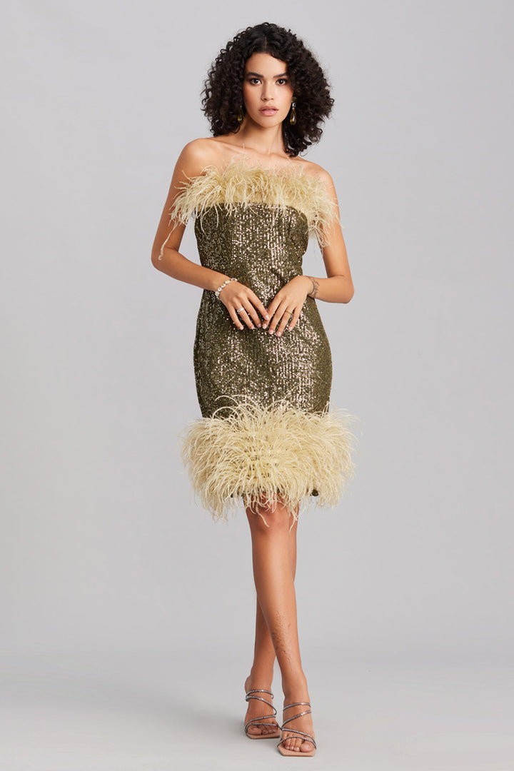 Olive Green Sequin & Feather Midi Dress