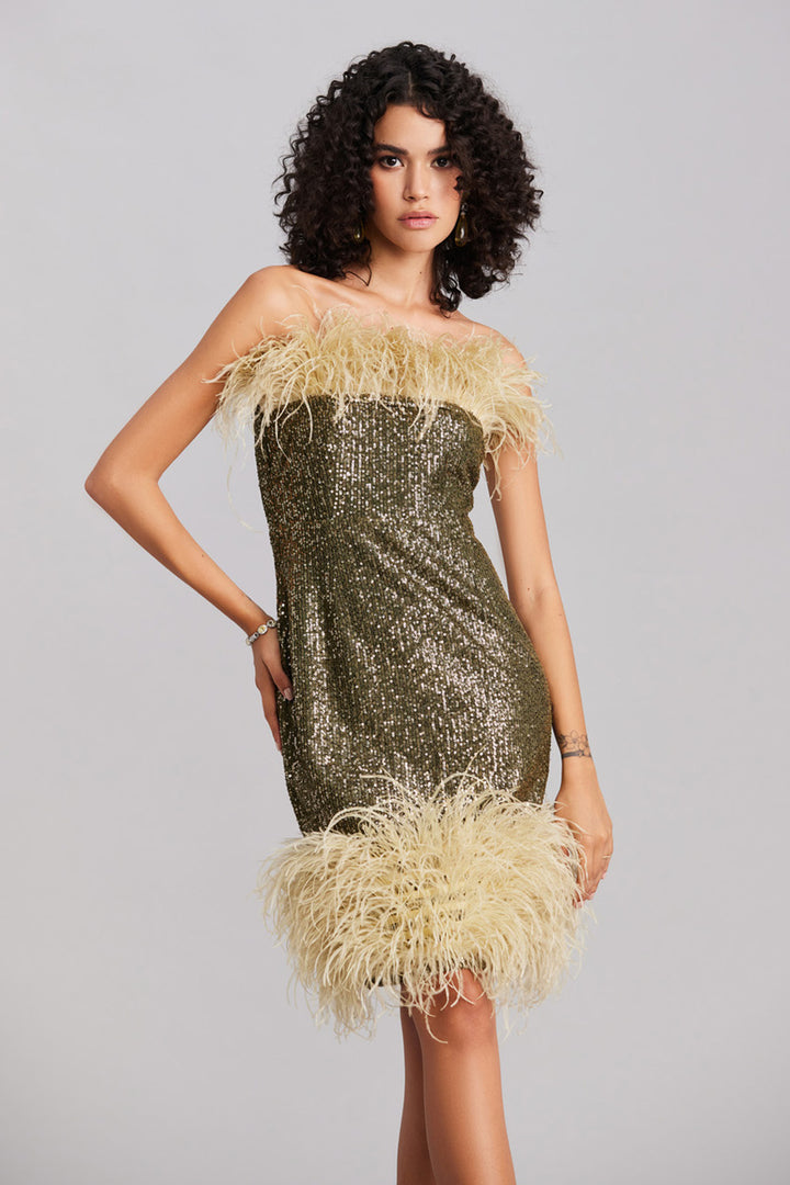 Olive Green Sequin & Feather Midi Dress