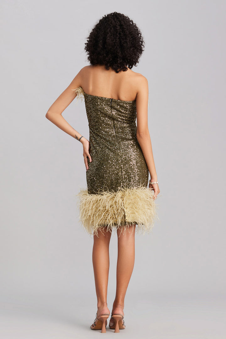 Olive Green Sequin & Feather Midi Dress