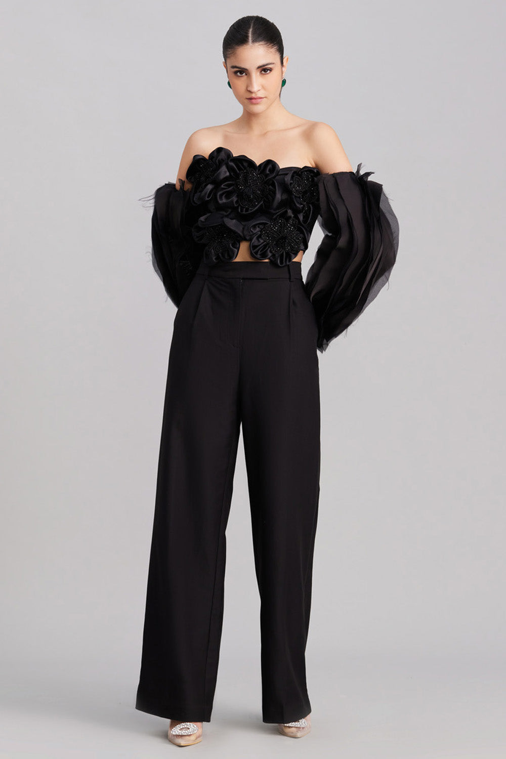 Black Floret Organza Off Shoulder Top