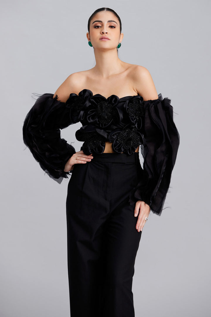 Black Floret Organza Off Shoulder Top