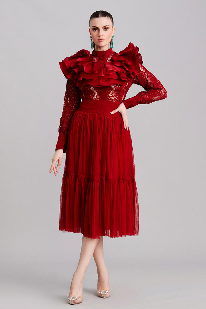 Cherry Lace Ruffled Shirt & Midi Skirt Set