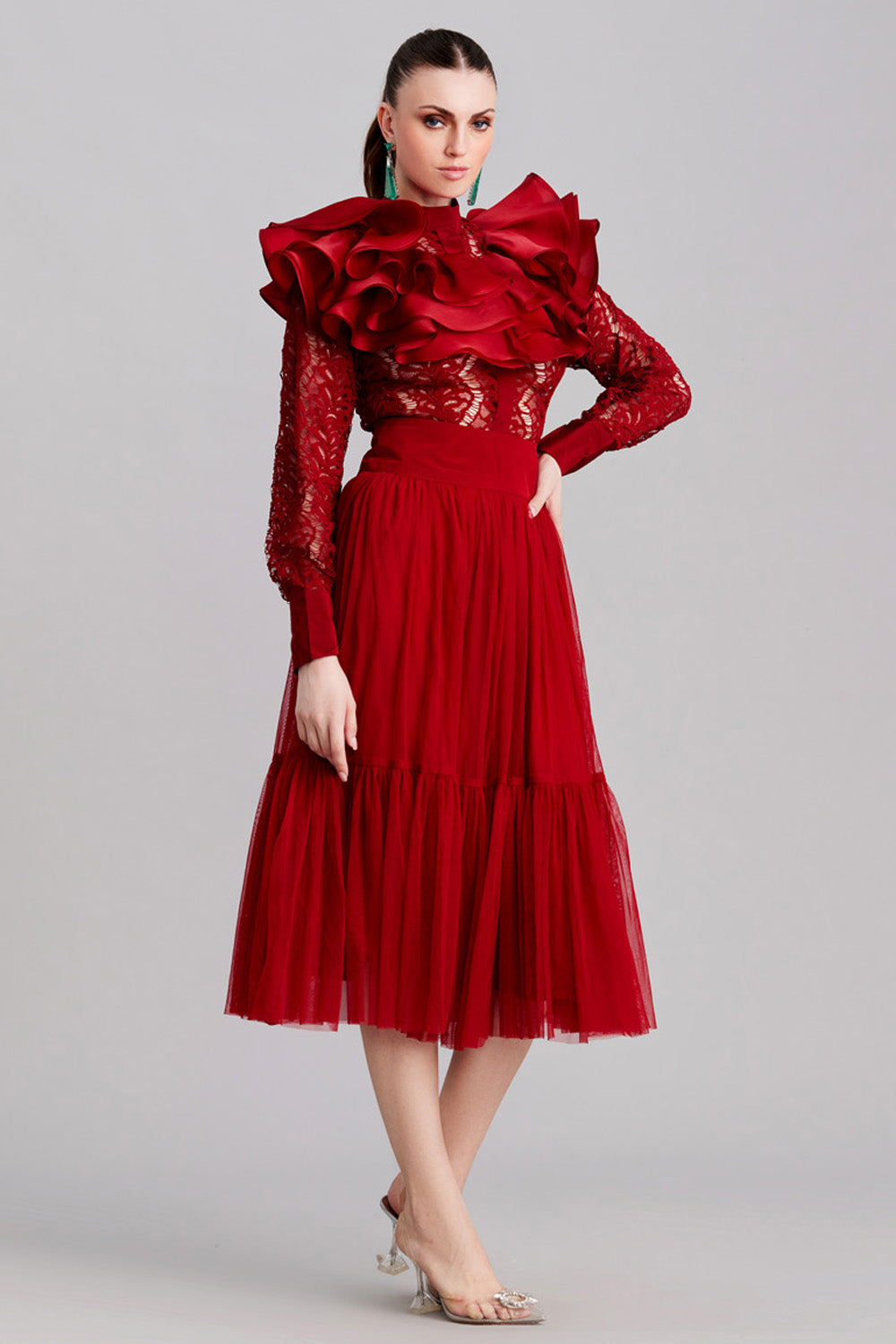 Cherry Lace Ruffled Shirt & Midi Skirt Set