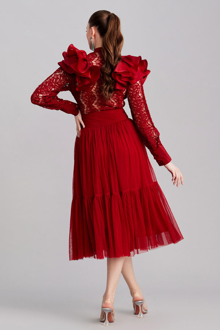 Cherry Lace Ruffled Shirt & Midi Skirt Set