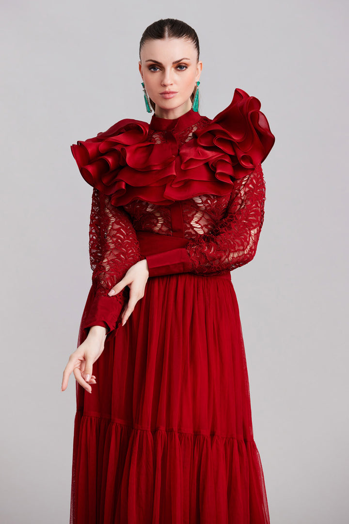 Cherry Lace Ruffled Shirt & Midi Skirt Set