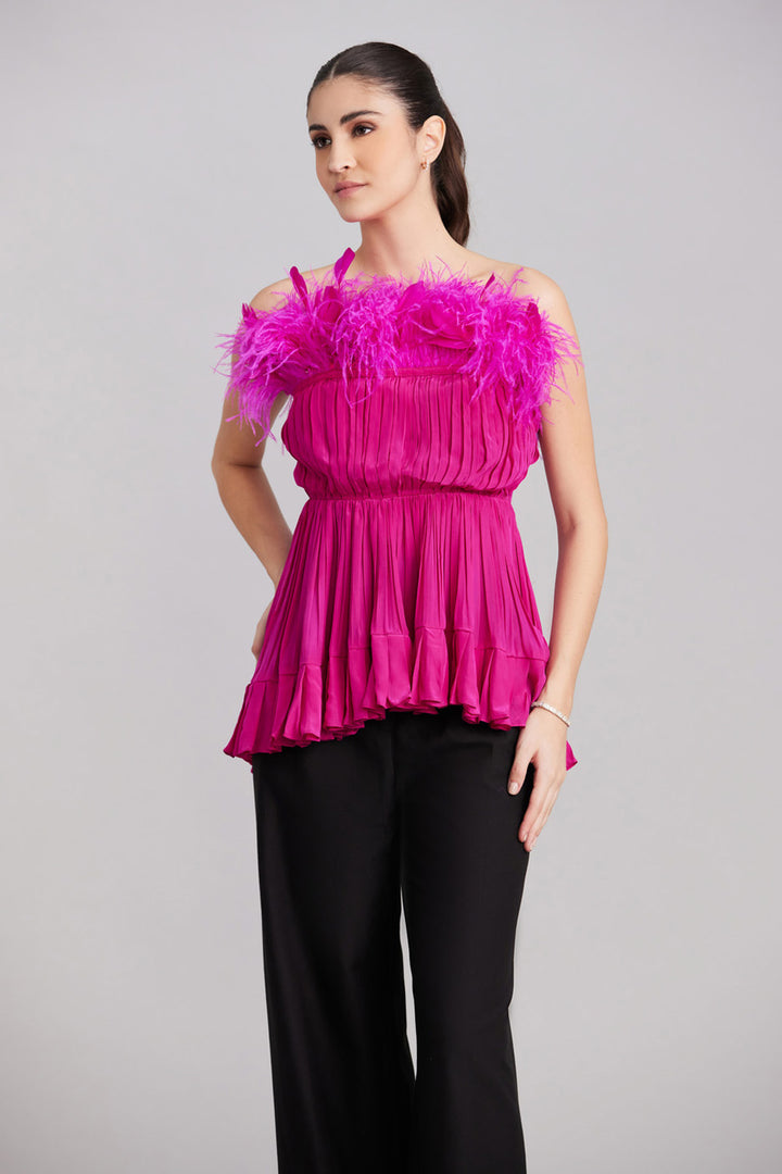 Hot Pink Pleated Feather Top