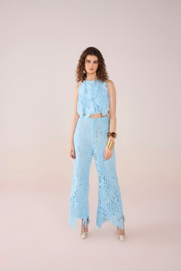 Blue Leaflet Lace Top & Pants Set