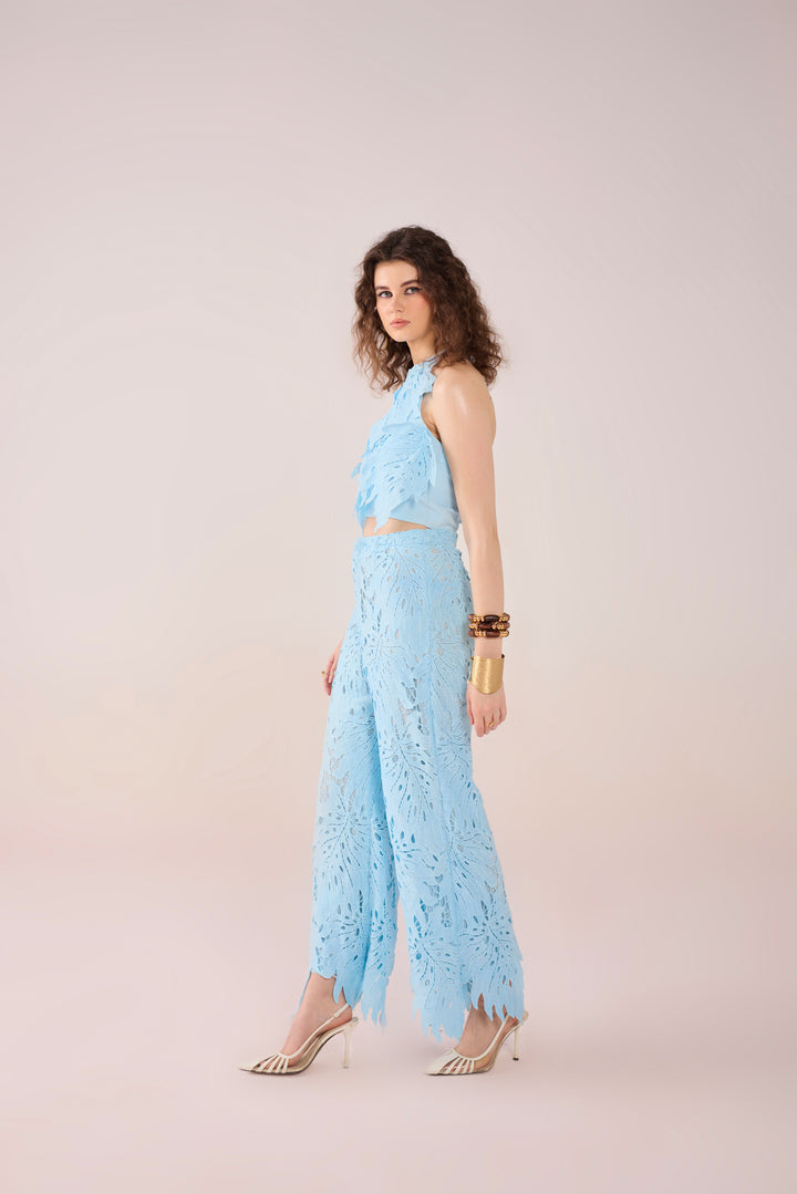 Blue Leaflet Lace Top & Pants Set