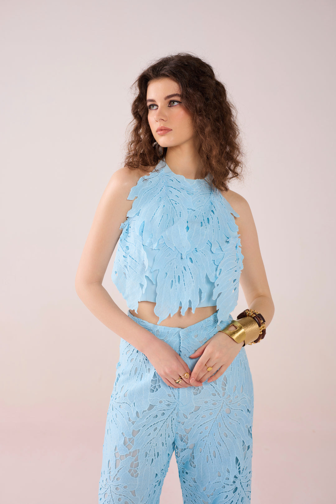 Blue Leaflet Lace Top & Pants Set