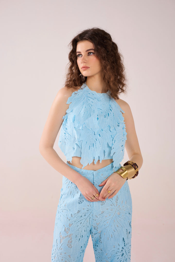 Blue Leaflet Lace Top & Pants Set