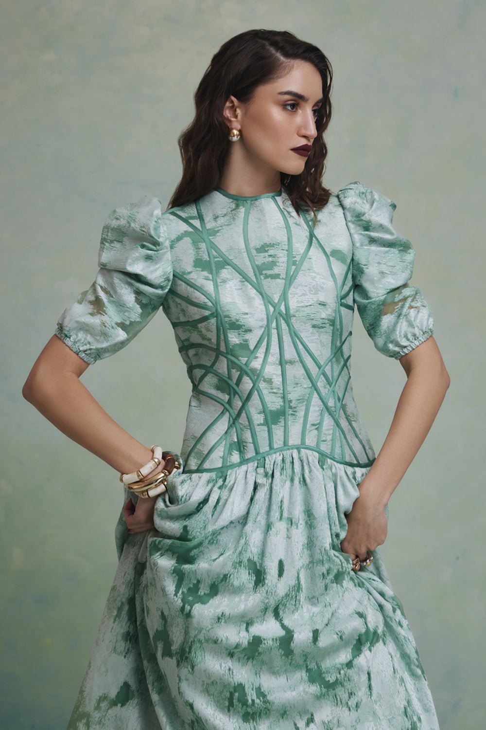 Zeba Green Jacquard Flared Midi Dress - Zabella