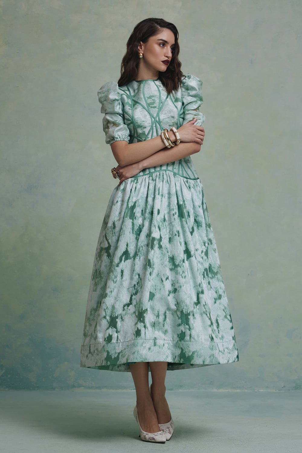 Zeba Green Jacquard Flared Midi Dress - Zabella