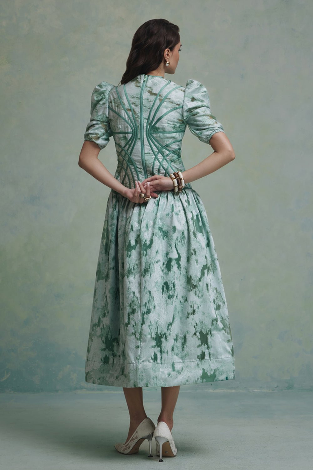 Zeba Green Jacquard Flared Midi Dress - Zabella