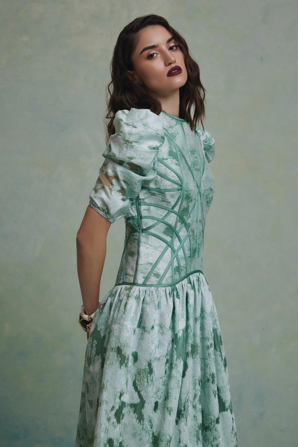 Zeba Green Jacquard Flared Midi Dress - Zabella