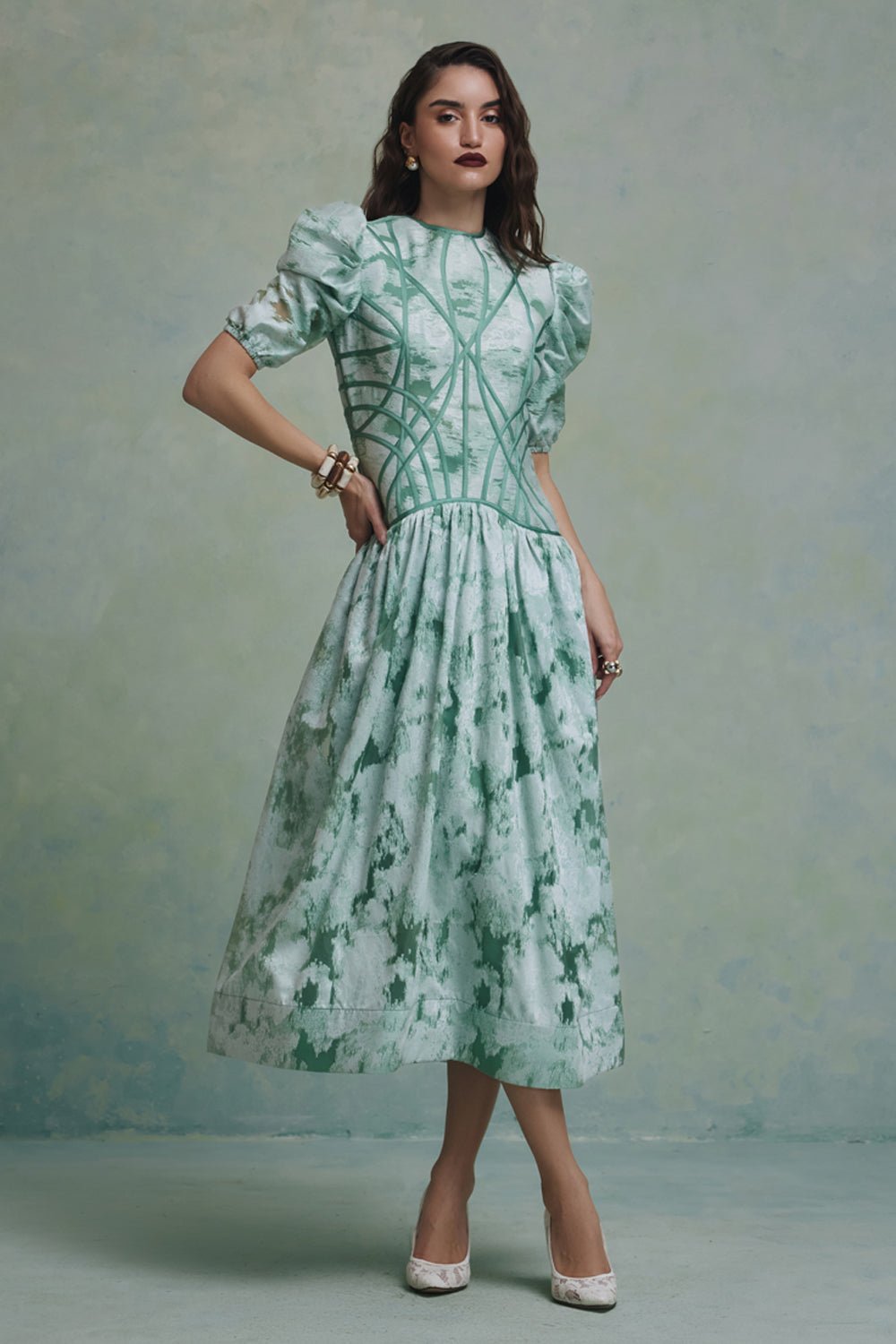 Zeba Green Jacquard Flared Midi Dress - Zabella