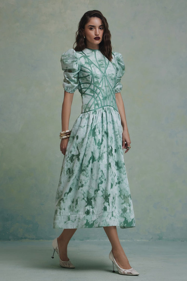 Zeba Green Jacquard Flared Midi Dress - Zabella