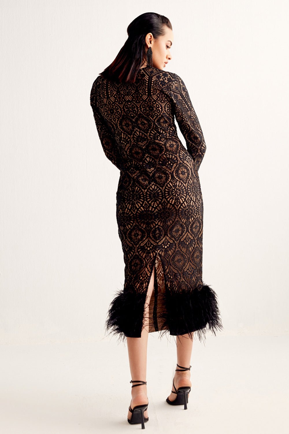 Black Lace & Feather Midi Dress - Zabella