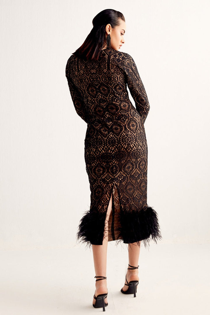 Black Lace & Feather Midi Dress - Zabella