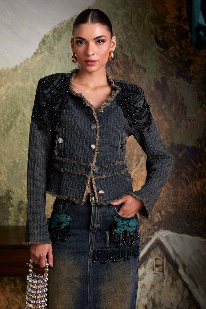 Black Pearl Embellished Denim Jacket - Zabella