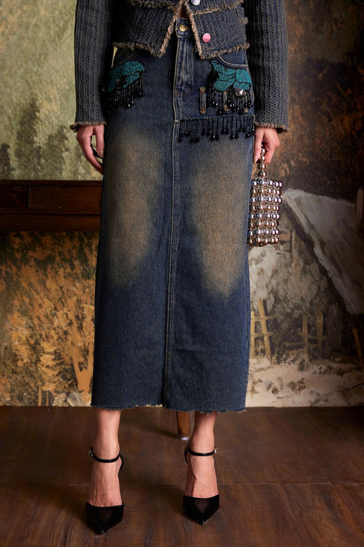 Hand Beaded Denim Skirt - Zabella