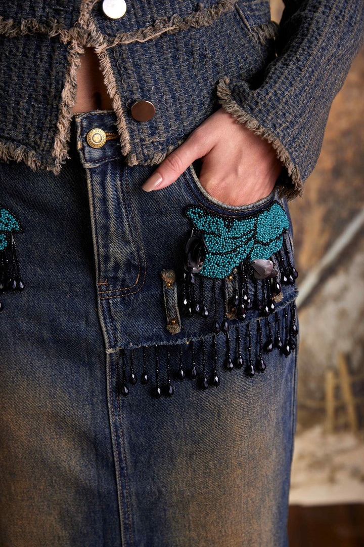 Hand Beaded Denim Skirt - Zabella