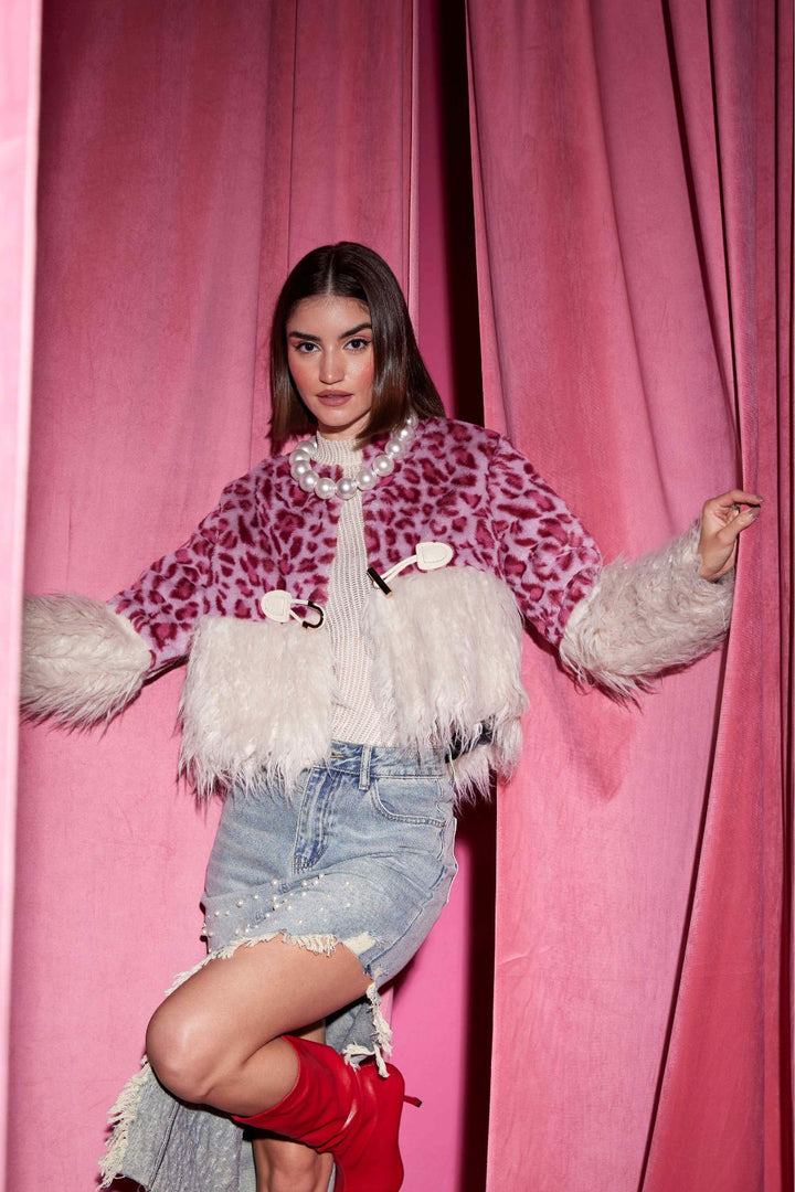 Pink and Off White Fur Cropped Jacket - Zabella