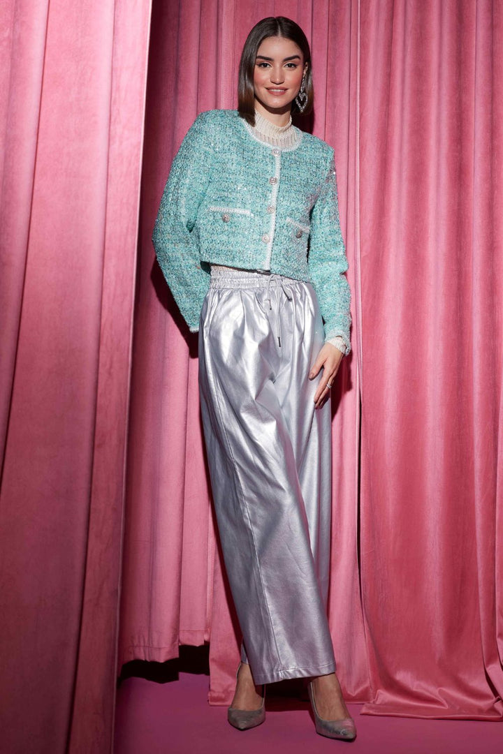 Silver Metallic Straight Pants - Zabella